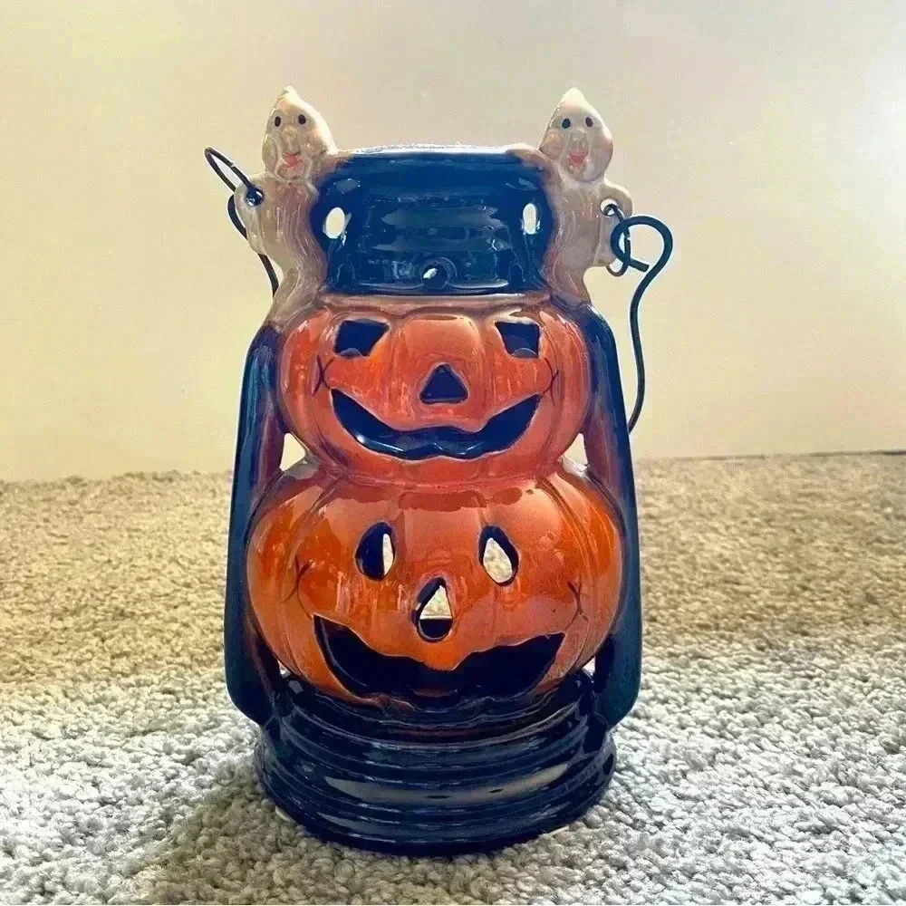 Vintage Ceramic Lantern W/Ghosts & Jack O' Lanterns‎ Metal Handle Candle Holder
